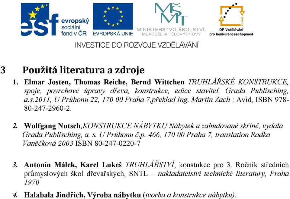 Martin Zach : Avid, ISBN 978-80-247-2960-2. 2. Wolfgang Nutsch,KONSTRUKCE NÁBYTKU Nábytek a zabudované skříně, vydala Grada Publisching, a. s. U Průhonu č.p.