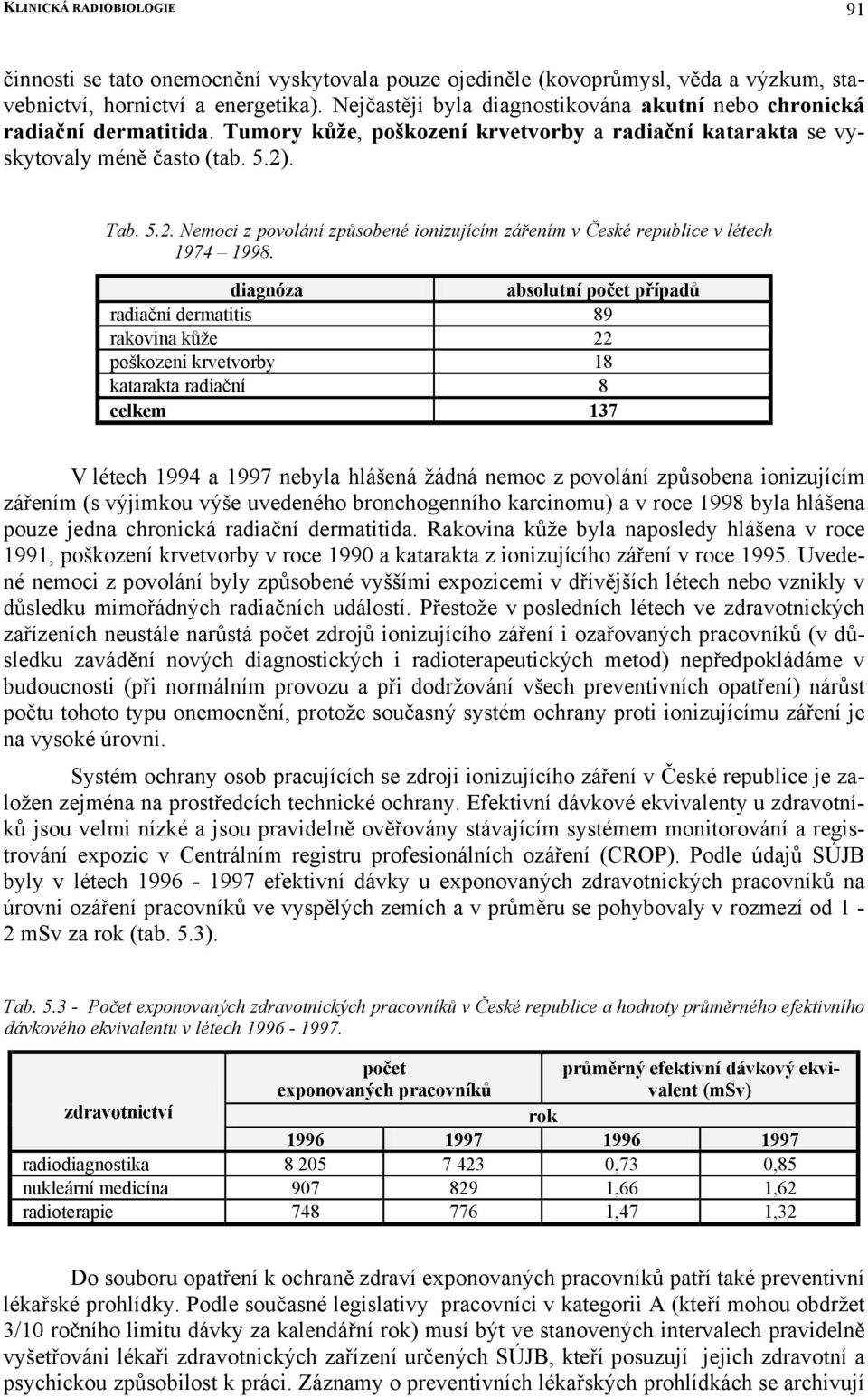 . Tab. 5.2. Nemoci z povolání způsobené ionizujícím zářením v České republice v létech 1974 1998.