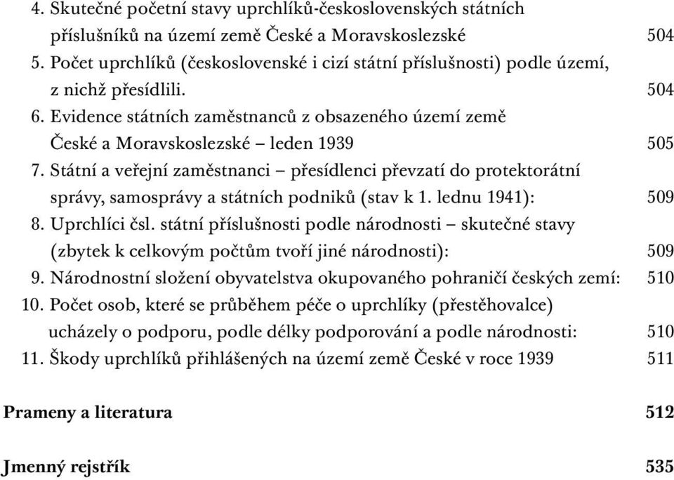 Státní a veřejní zaměstnanci přesídlenci převzatí do protektorátní správy, samosprávy a státních podniků (stav k 1. lednu 1941): 509 8. Uprchlíci čsl.