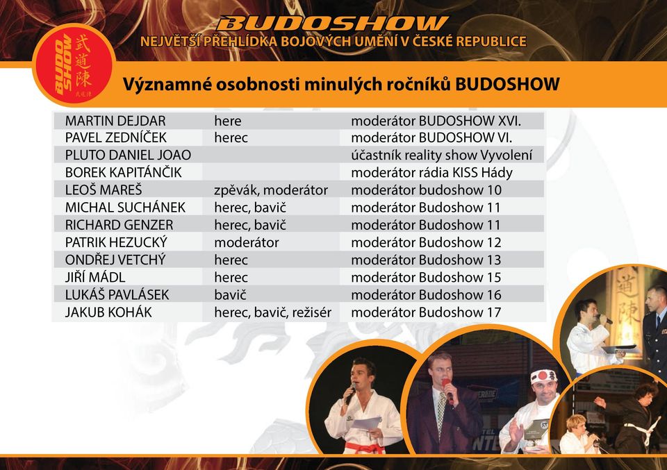 herec, bavič, režisér moderátor BUDOSHOW XVI. moderátor BUDOSHOW VI.