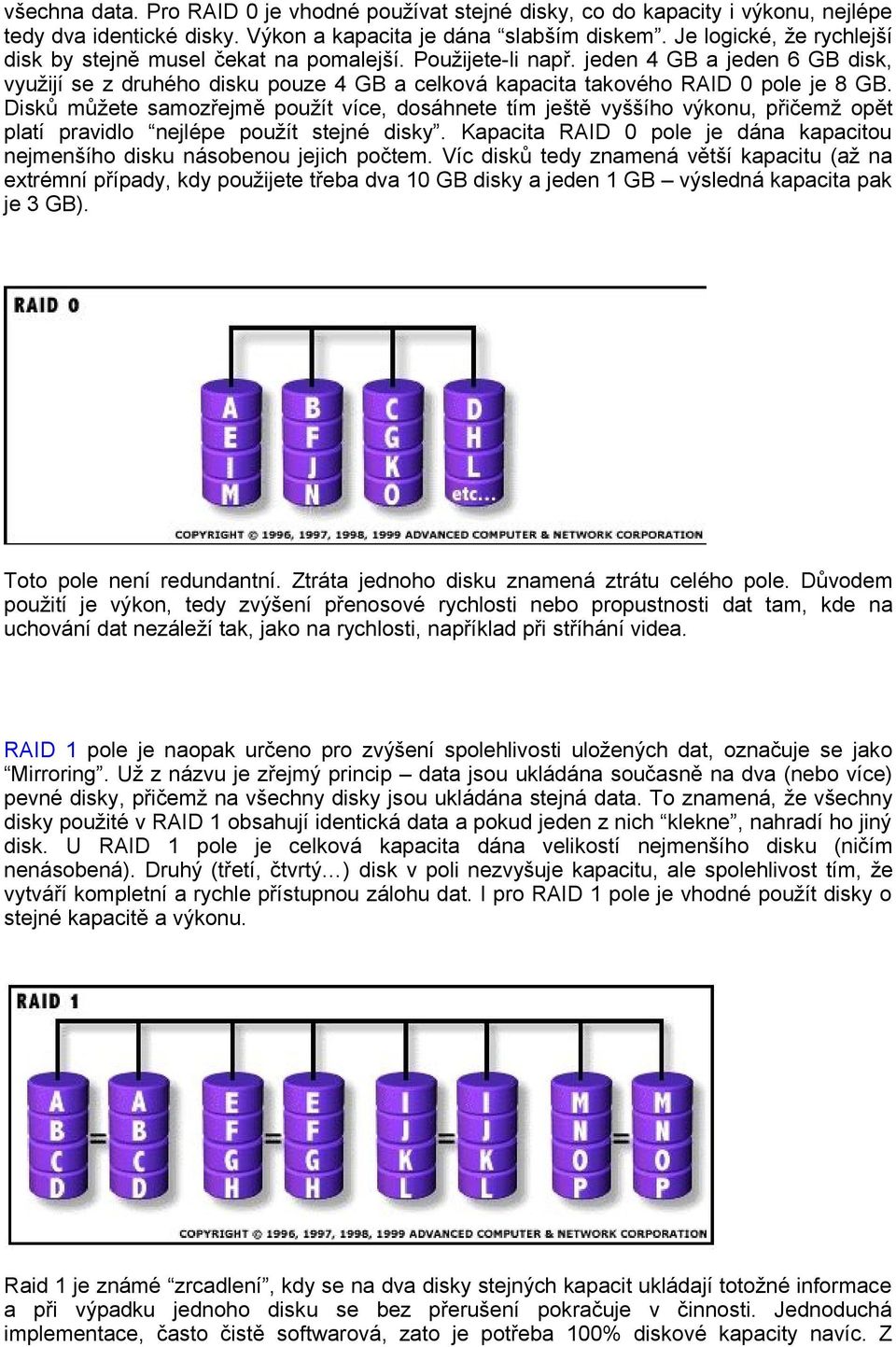 jeden 4 GB a jeden 6 GB disk, využijí se z druhého disku pouze 4 GB a celková kapacita takového RAID 0 pole je 8 GB.