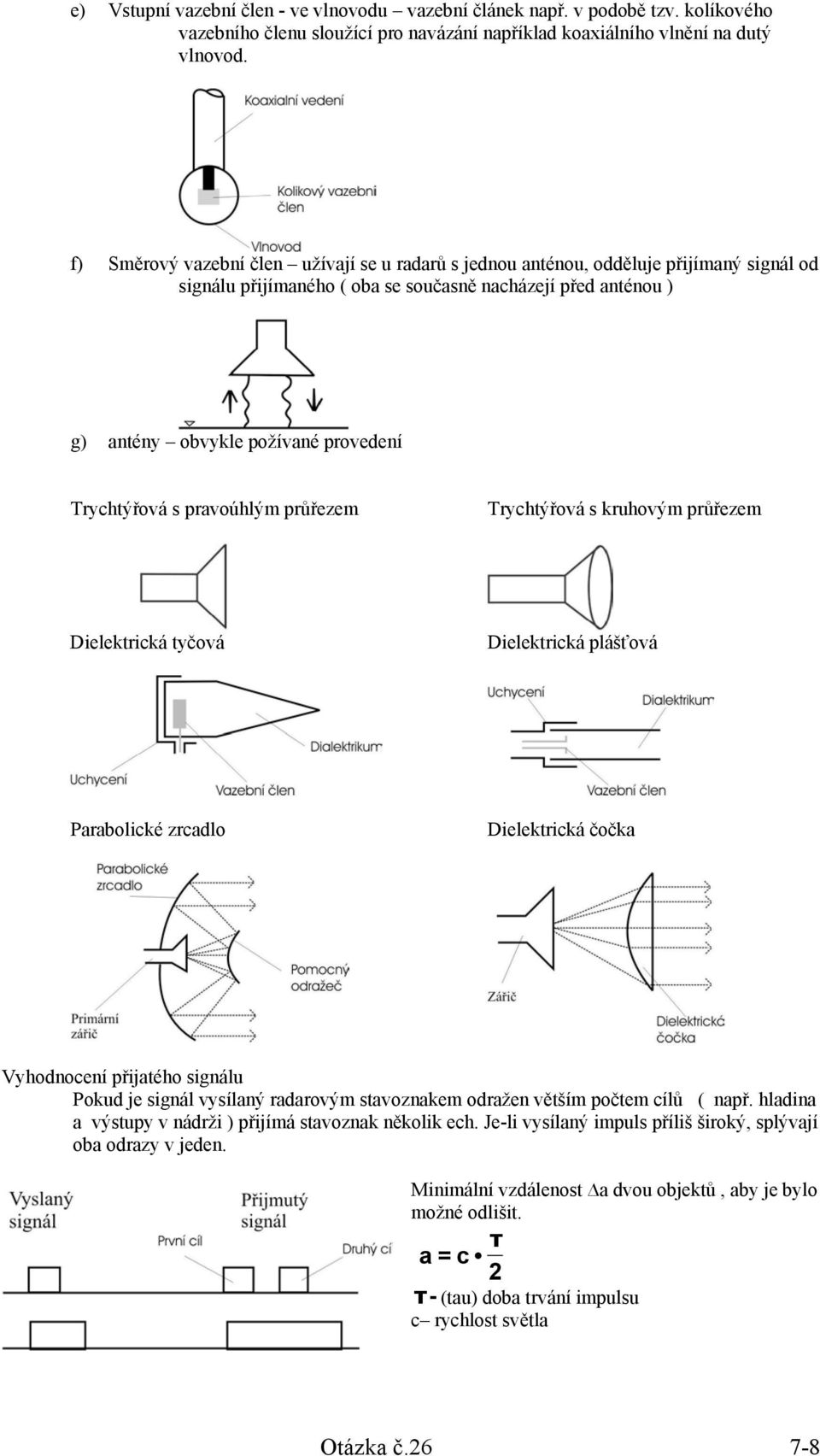 Trychtýřová s pravoúhlým průřezem Trychtýřová s kruhovým průřezem Dielektrická tyčová Dielektrická plášťová Parabolické zrcadlo Dielektrická čočka Vyhodnocení přijatého signálu Pokud je signál