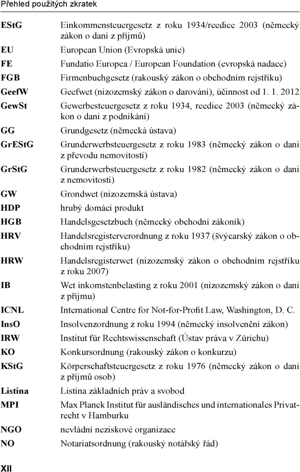 1. 2012 GewSt Gewerbesteuergesetz z roku 1934, reedice 2003 (německý zákon o dani z podnikání) GG Grundgesetz (německá ústava) GrEStG Grunderwerbsteuergesetz z roku 1983 (německý zákon o dani z