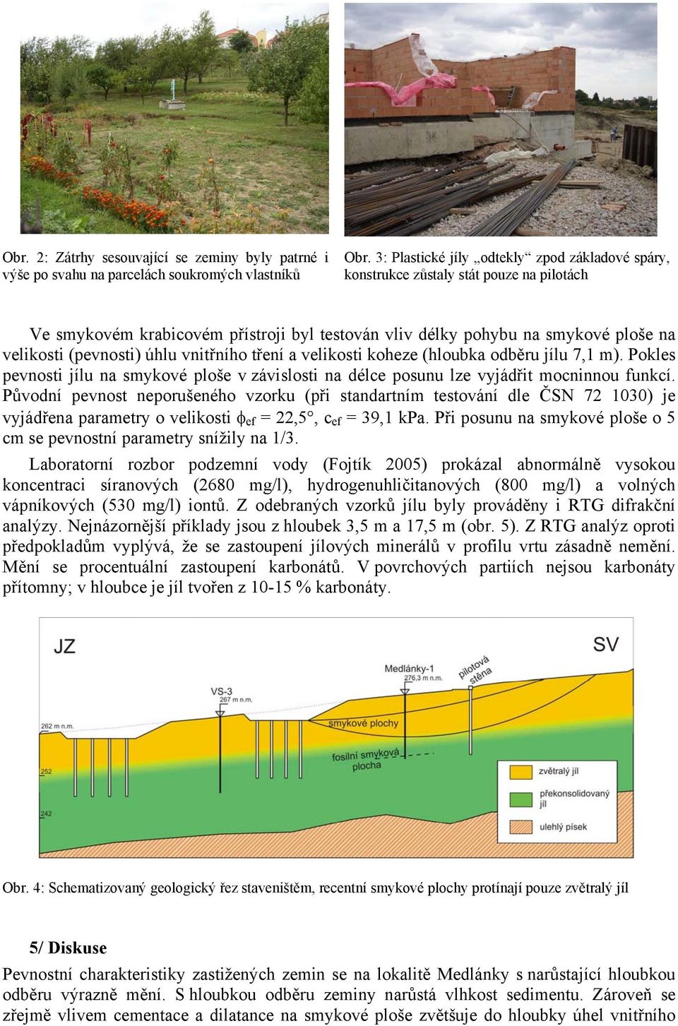 vnitřního tření a velikosti koheze (hloubka odběru jílu 7,1 m). Pokles pevnosti jílu na smykové ploše v závislosti na délce posunu lze vyjádřit mocninnou funkcí.