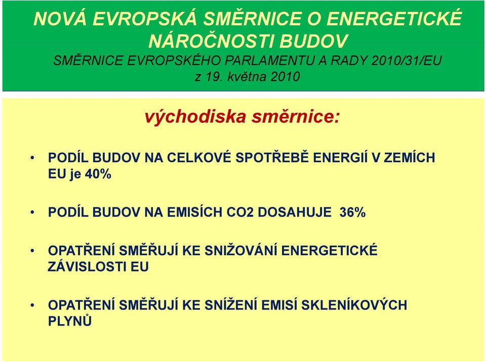 května 2010 východiska směrnice: PODÍL BUDOV NA CELKOVÉ SPOTŘEBĚ ENERGIÍ V ZEMÍCH EU je