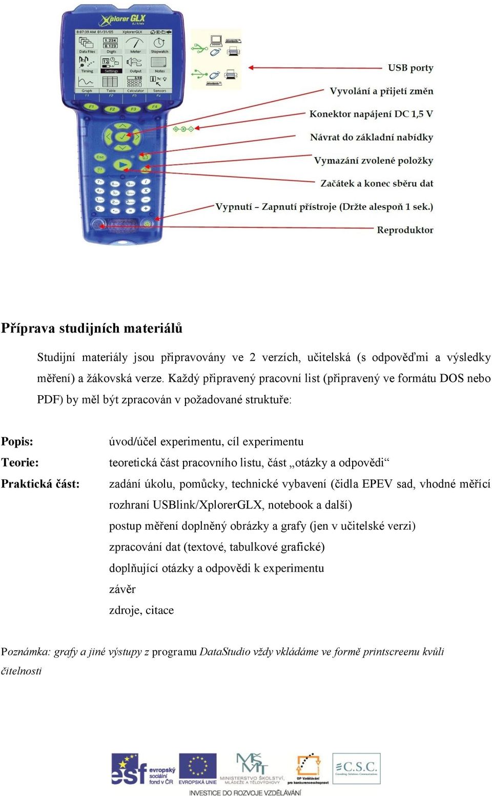 část pracovního listu, část otázky a odpovědi zadání úkolu, pomůcky, technické vybavení (čidla EPEV sad, vhodné měřící rozhraní USBlink/XplorerGLX, notebook a další) postup měření doplněný