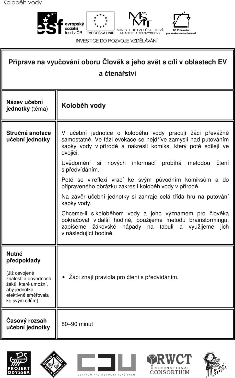 Uvědomění si nových informací probíhá metodou čtení s předvídáním. Poté se v reflexi vrací ke svým původním komiksům a do připraveného obrázku zakreslí koloběh vody v přírodě.