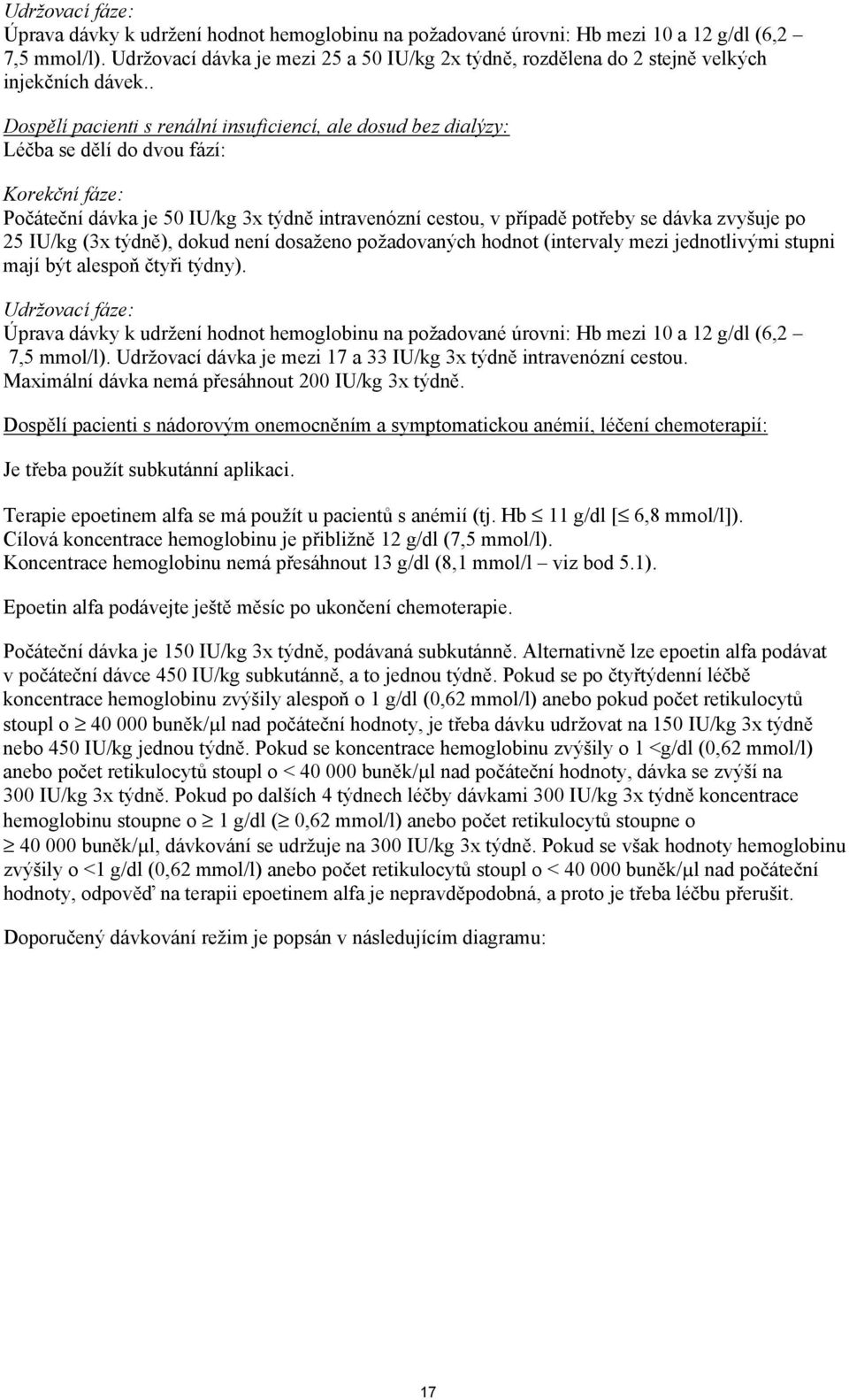 . Dospělí pacienti s renální insuficiencí, ale dosud bez dialýzy: Léčba se dělí do dvou fází: Korekční fáze: Počáteční dávka je 50 IU/kg 3x týdně intravenózní cestou, v případě potřeby se dávka