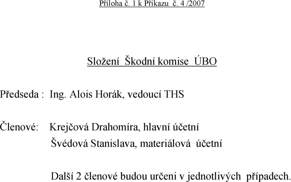 Alois Horák, vedoucí THS Členové: Krejčová Drahomíra,