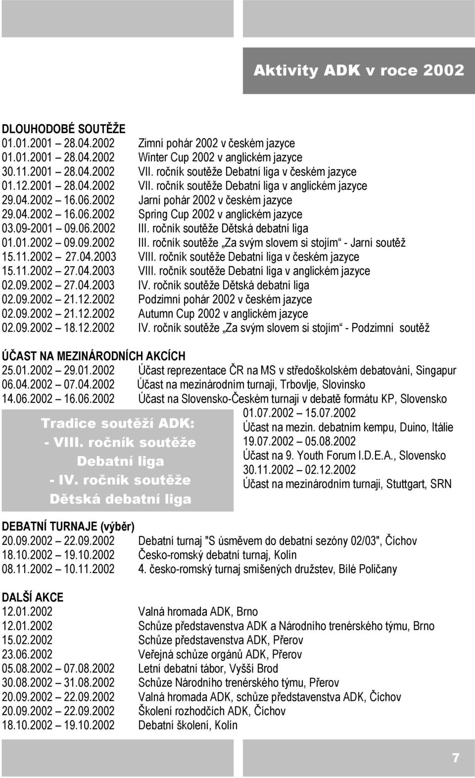 09-2001 09.06.2002 III. ročník soutěže Dětská debatní liga 01.01.2002 09.09.2002 III. ročník soutěže Za svým slovem si stojím - Jarní soutěž 15.11.2002 27.04.2003 VIII.
