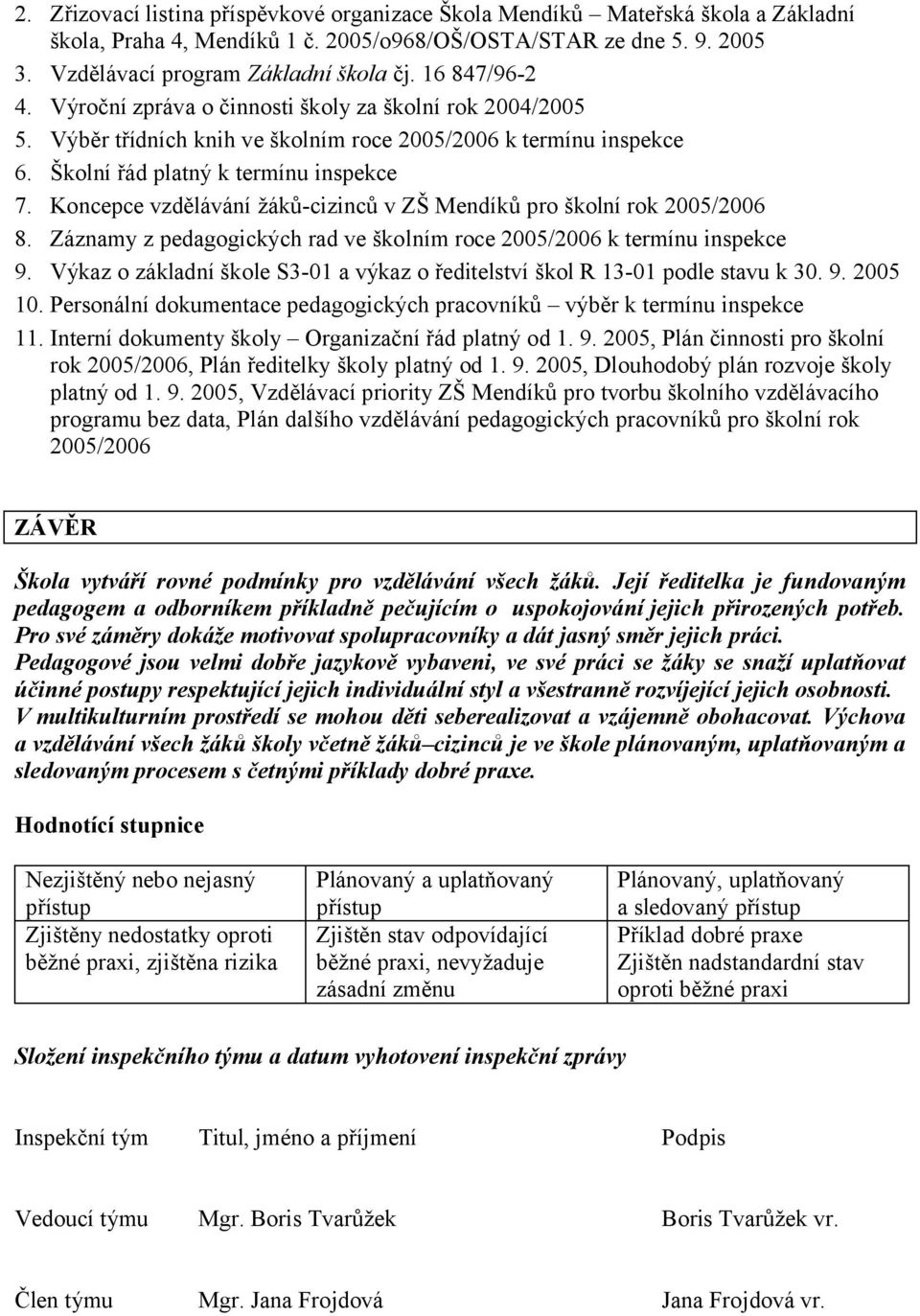 Koncepce vzdělávání žáků-cizinců v ZŠ Mendíků pro školní rok 2005/2006 8. Záznamy z pedagogických rad ve školním roce 2005/2006 k termínu inspekce 9.