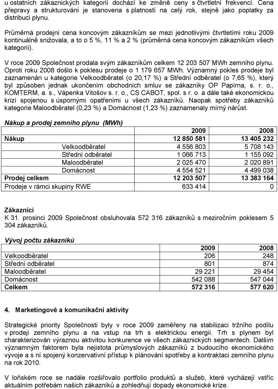 V roce 2009 Společnost prodala svým zákazníkům celkem 12 203 507 MWh zemního plynu. Oproti roku 2008 došlo k poklesu prodeje o 1 179 657 MWh.