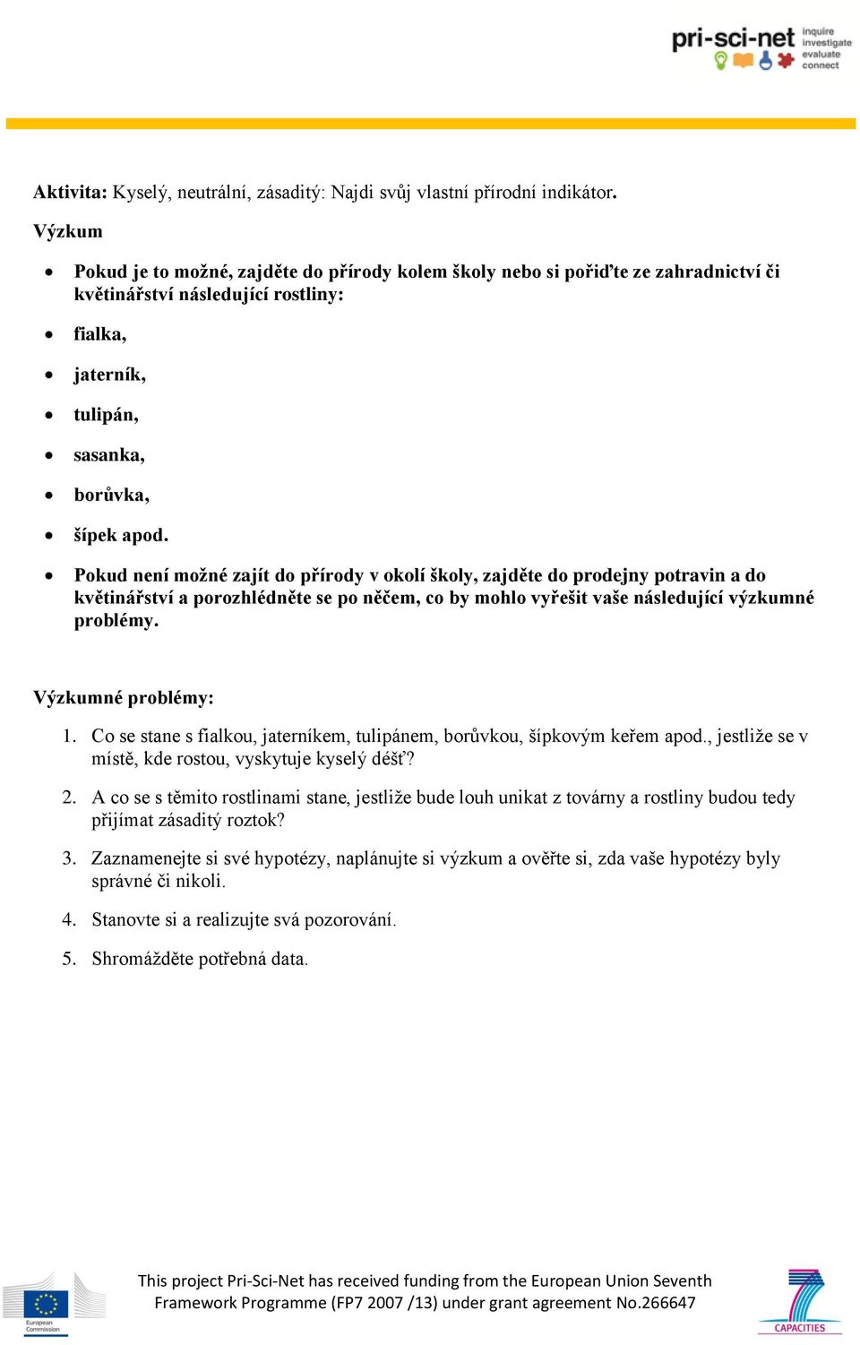 Pokud není možné zajít do přírody v okolí školy, zajděte do prodejny potravin a do květinářství a porozhlédněte se po něčem, co by mohlo vyřešit vaše následující výzkumné problémy.