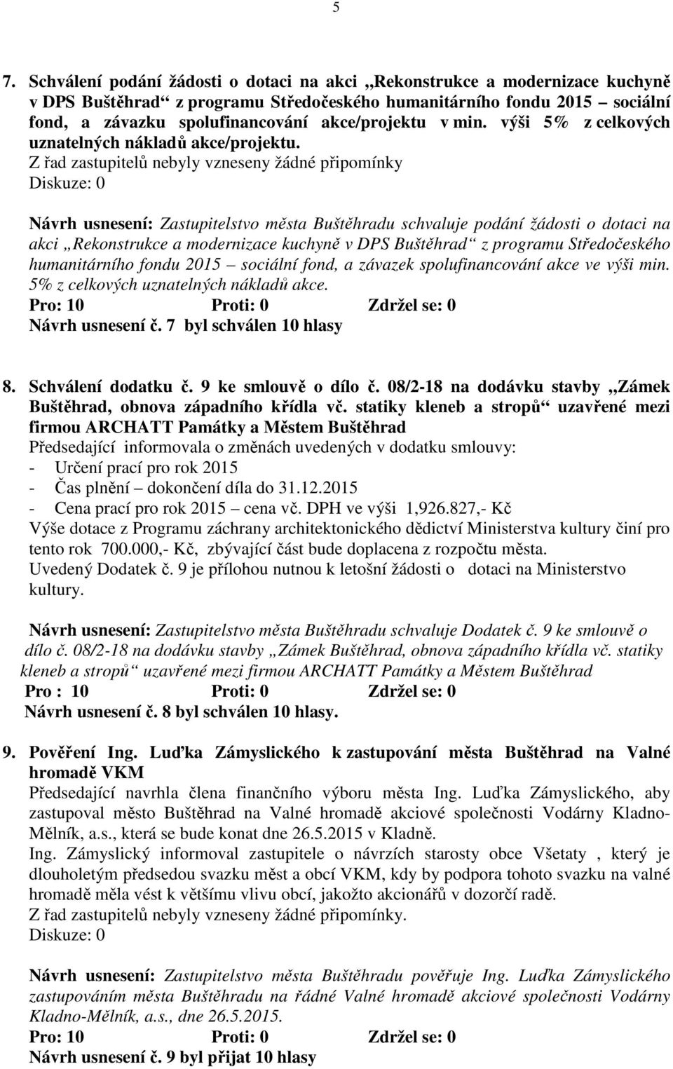 Z řad zastupitelů nebyly vzneseny žádné připomínky Návrh usnesení: Zastupitelstvo města Buštěhradu schvaluje podání žádosti o dotaci na akci Rekonstrukce a modernizace kuchyně v DPS Buštěhrad z