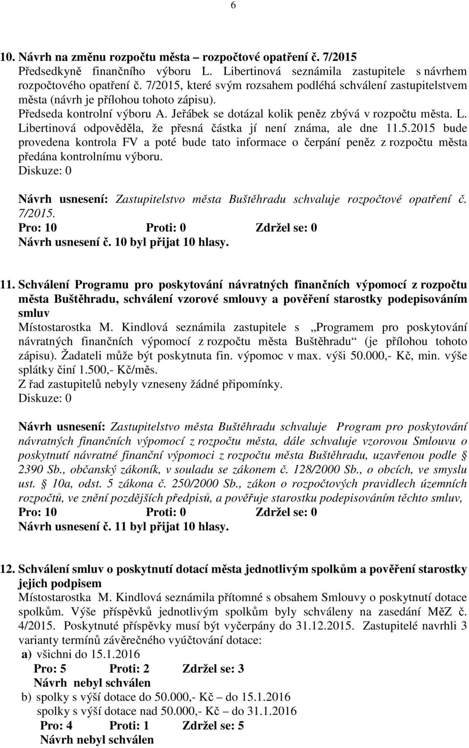 Libertinová odpověděla, že přesná částka jí není známa, ale dne 11.5.2015 bude provedena kontrola FV a poté bude tato informace o čerpání peněz z rozpočtu města předána kontrolnímu výboru.