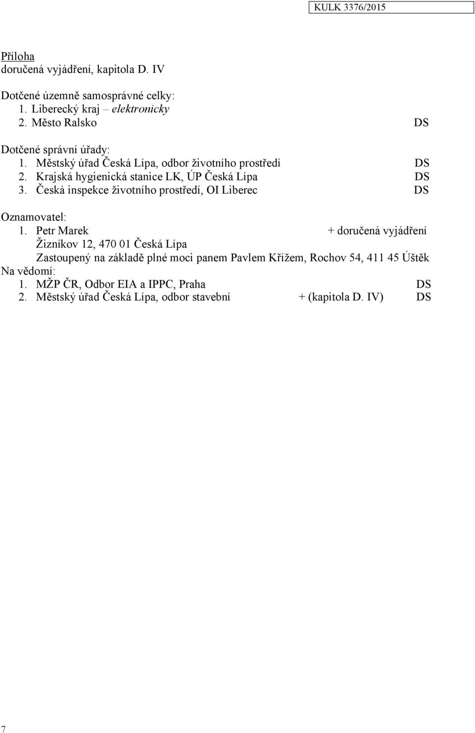 Krajská hygienická stanice LK, ÚP Česká Lípa DS 3. Česká inspekce životního prostředí, OI Liberec DS Oznamovatel: 1.
