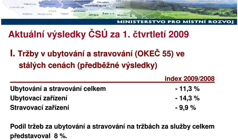 stálých cenách (předběžné výsledky) index 2009/2008 Ubytování a stravování