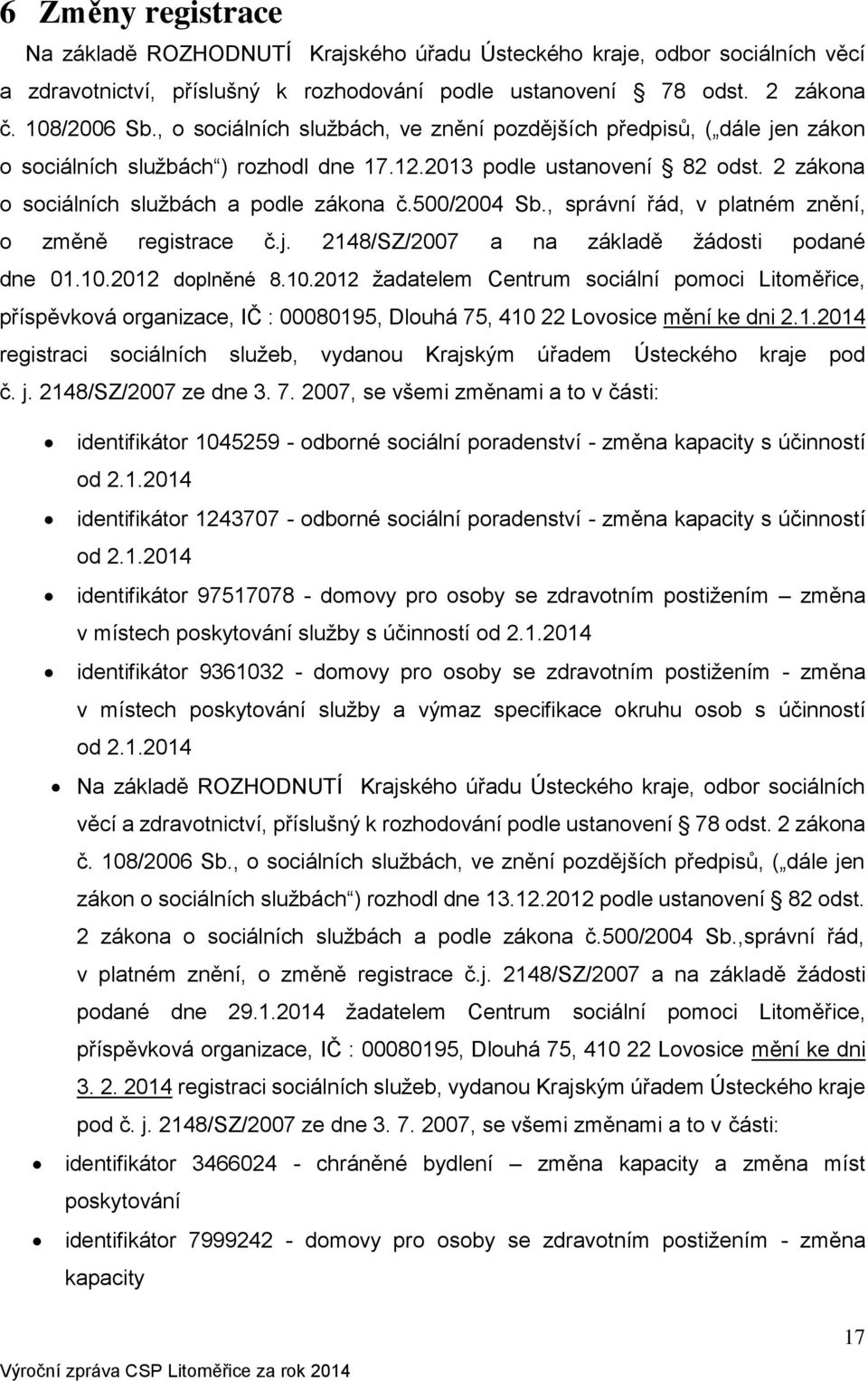 500/2004 Sb., správní řád, v platném znění, o změně registrace č.j. 2148/SZ/2007 a na základě žádosti podané dne 01.10.