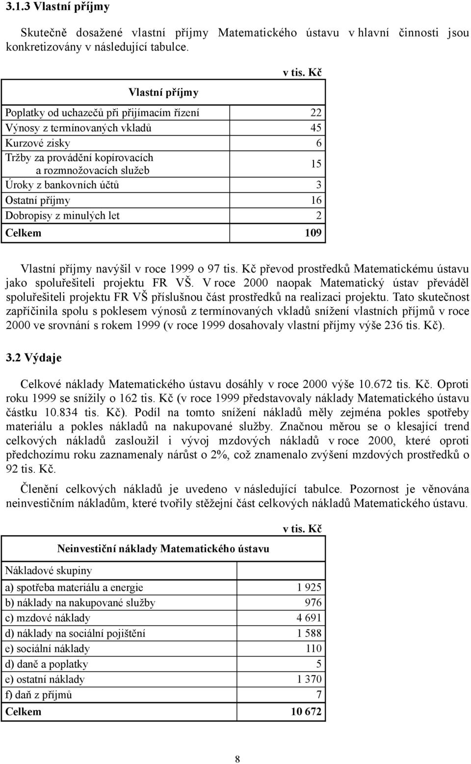 Ostatní příjmy 16 Dobropisy z minulých let 2 Celkem 109 Vlastní příjmy navýšil v roce 1999 o 97 tis. Kč převod prostředků Matematickému ústavu jako spoluřešiteli projektu FR VŠ.