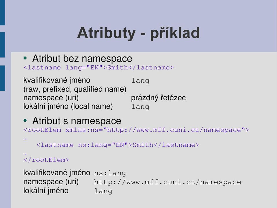 řetězec lang <rootelem xmlns:ns= http://www.mff.cuni.