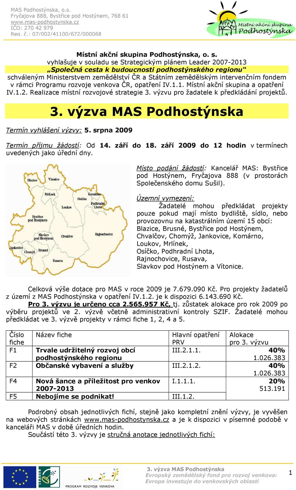 vyhlašuje v souladu se Strategickým plánem Leader 2007-2013 Společná cesta k budoucnosti podhostýnského regionu schváleným Ministerstvem zemědělství ČR a Státním zemědělským intervenčním fondem v