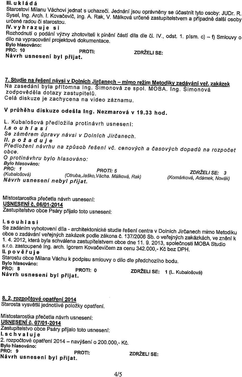 c) f) Smlouvy O dílo na vypracování projektové dokumentace. PRO: 10 PROTl: ZDRŽELI SE: 7. Studie na řešení návsi v Dolních JirČanech mimo režim Metodiky zadávání veř.