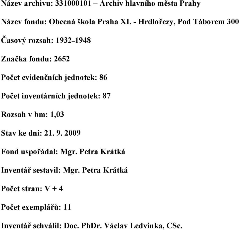 Počet inventárních jednotek: 87 Rozsah v bm: 1,03 Stav ke dni: 21. 9. 2009 Fond uspořádal: Mgr.