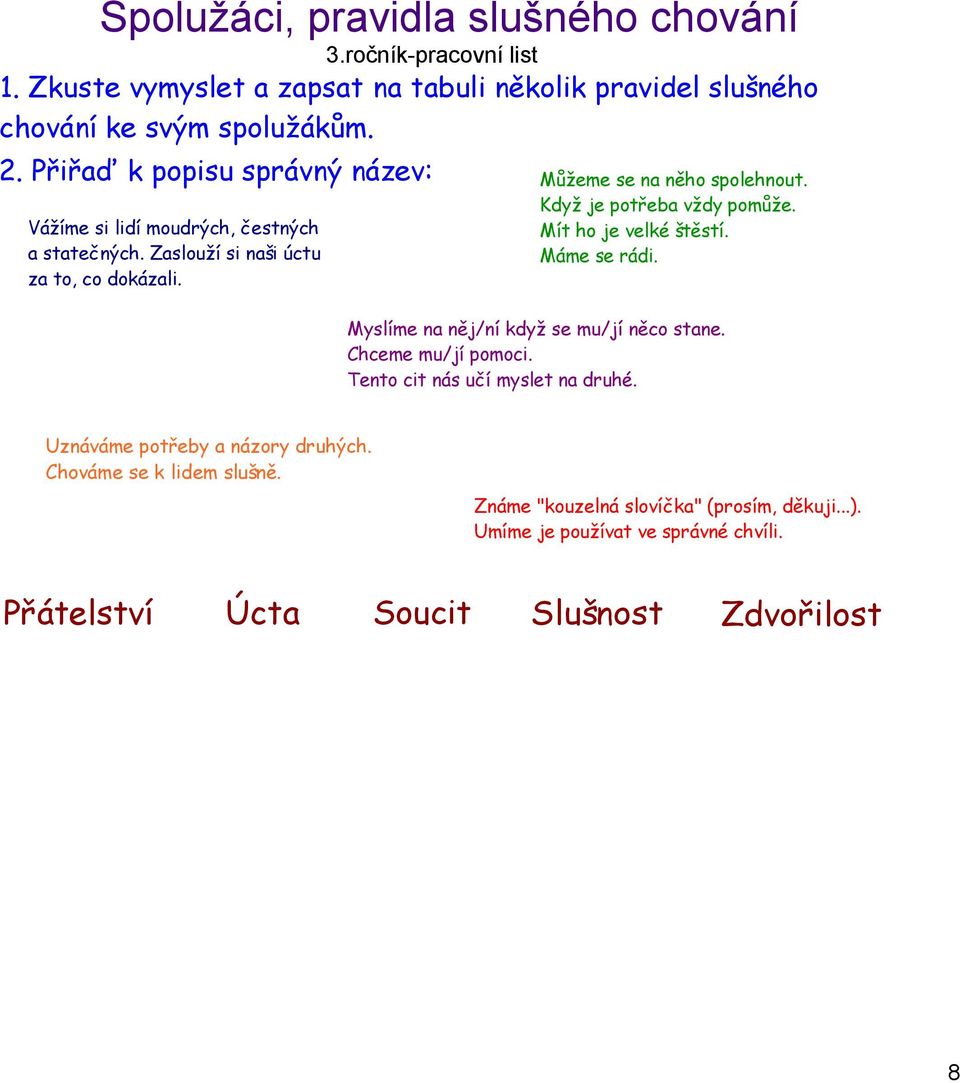 Když je potřeba vždy pomůže. Mít ho je velké štěstí. Máme se rádi. Myslíme na něj/ní když se mu/jí něco stane. Chceme mu/jí pomoci. Tento cit nás učí myslet na druhé.