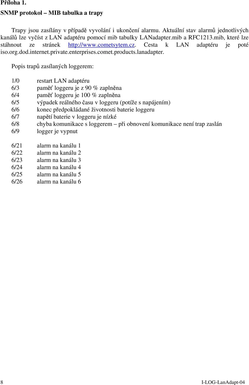 Popis trapů zasílaných loggerem: 1/0 restart LAN adaptéru 6/3 paměť loggeru je z 90 % zaplněna 6/4 paměť loggeru je 100 % zaplněna 6/5 výpadek reálného času v loggeru (potíže s napájením) 6/6 konec