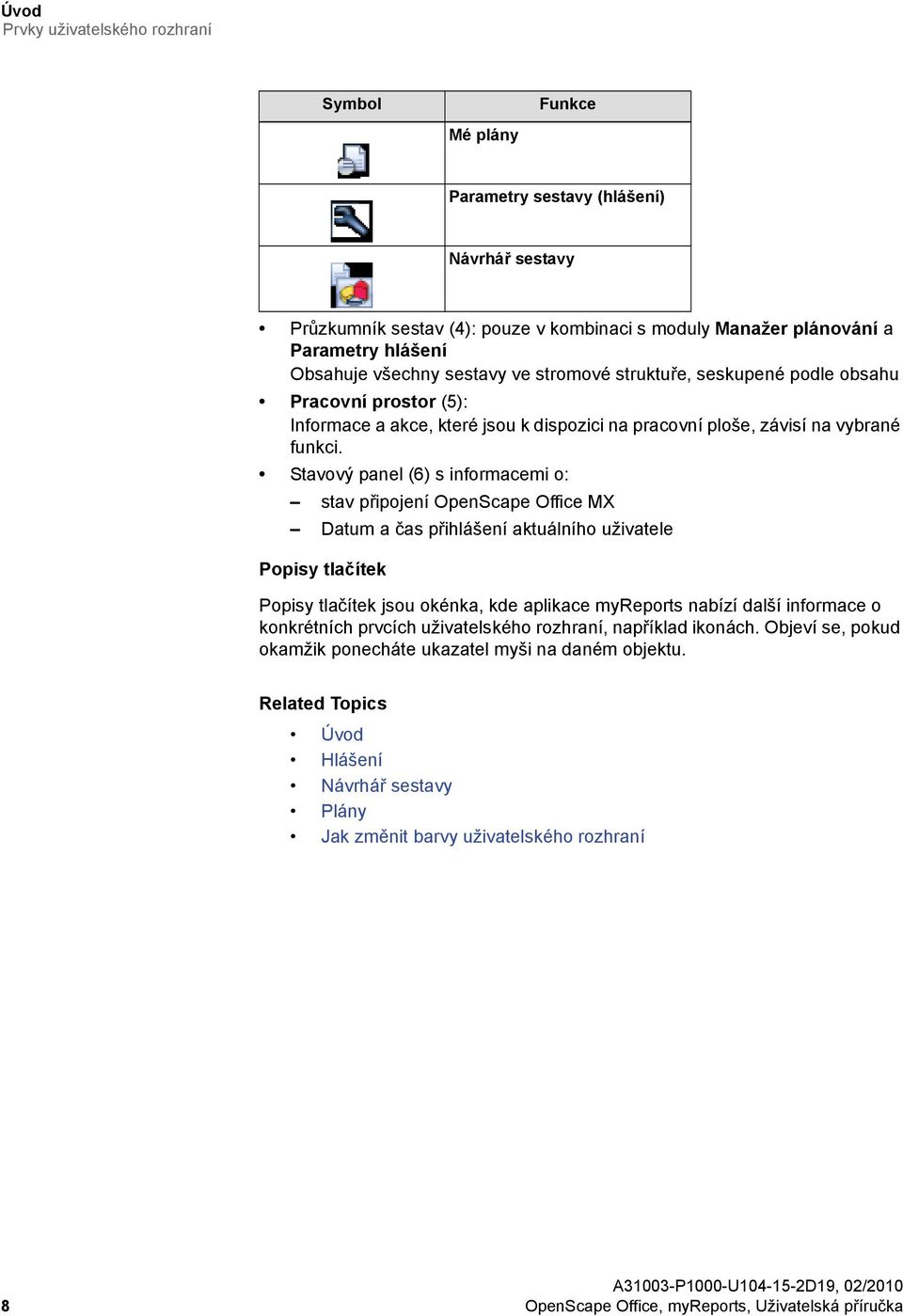 Stavový panel (6) s informacemi o: stav připojení OpenScape Office MX Datum a čas přihlášení aktuálního uživatele Popisy tlačítek Popisy tlačítek jsou okénka, kde aplikace myreports nabízí další