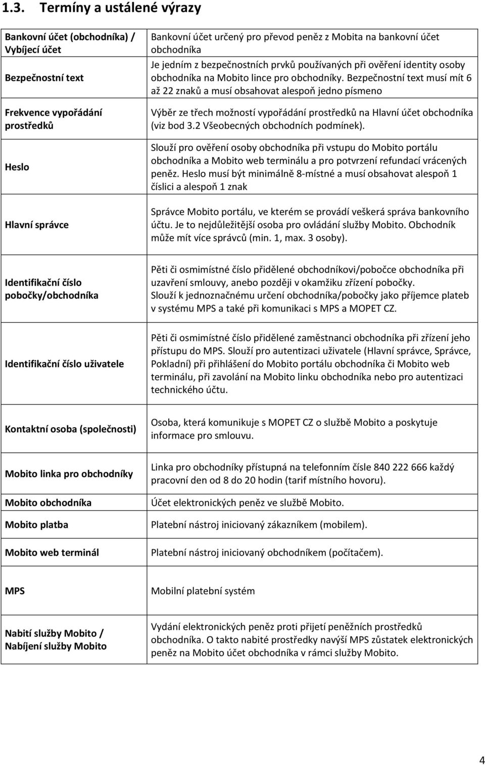 Bezpečnostní text musí mít 6 až 22 znaků a musí obsahovat alespoň jedno písmeno Výběr ze třech možností vypořádání prostředků na Hlavní účet obchodníka (viz bod 3.2 Všeobecných obchodních podmínek).