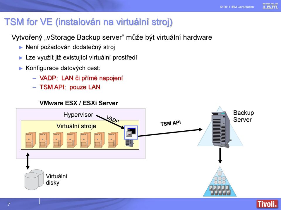 virtuální prostředí Konfigurace datových cest: VADP: LAN či přímé napojení TSM