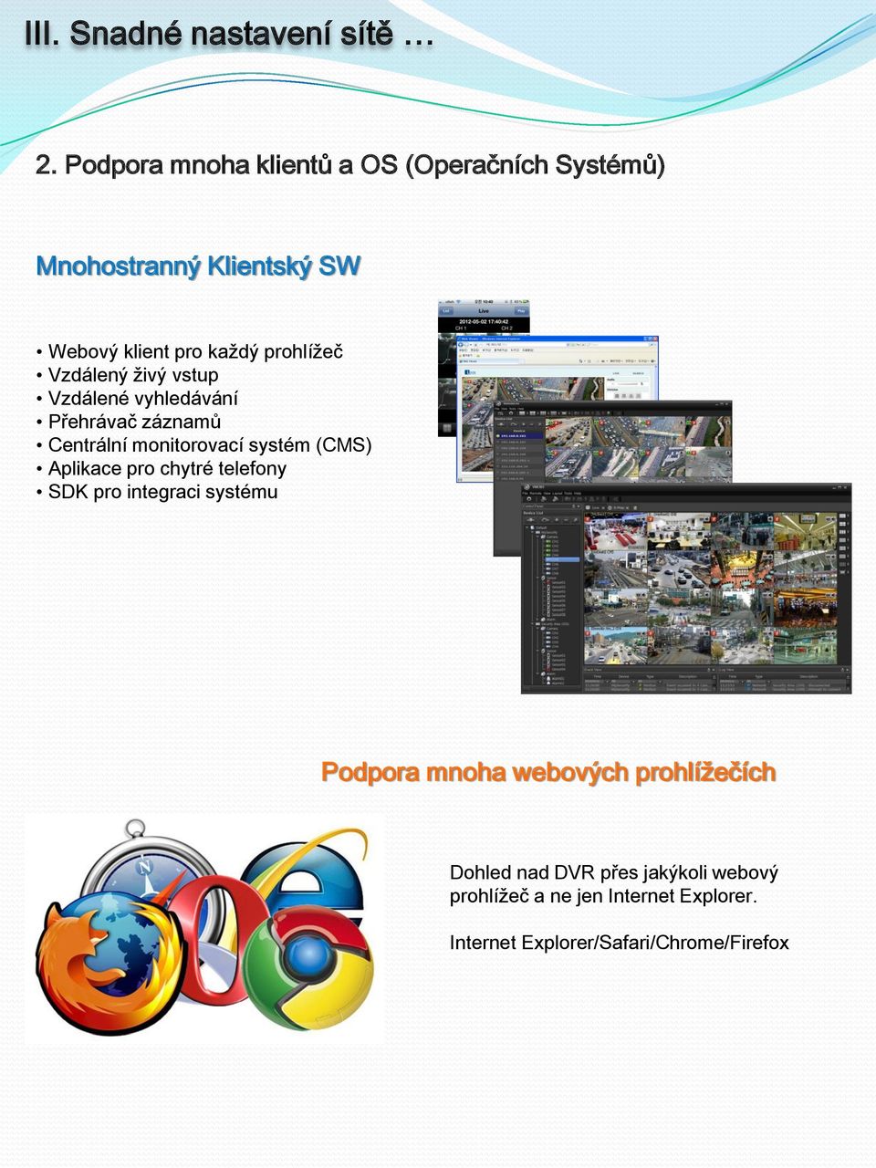 Vzdálený živý vstup Vzdálené vyhledávání Přehrávač záznamů Centrální monitorovací systém (CMS) Aplikace pro