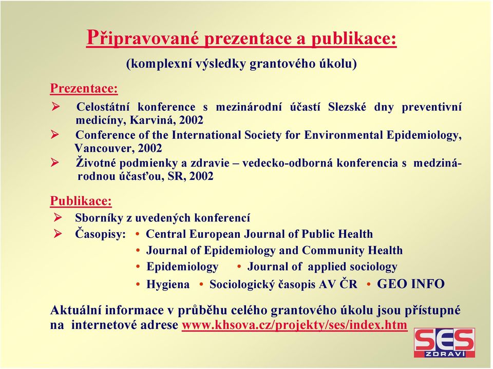 SR, 2002 Publikace: Sborníky z uvedených konferencí Časopisy: Central European Journal of Public Health Journal of Epidemiology and Community Health Epidemiology Journal of