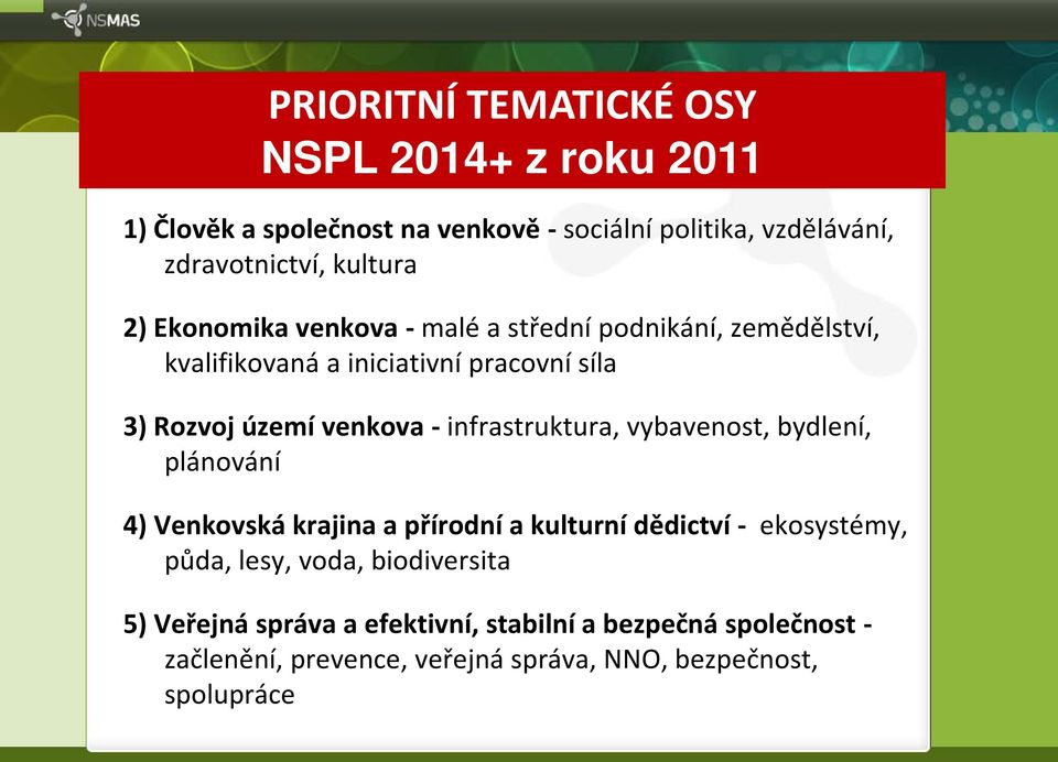 venkova - infrastruktura, vybavenost, bydlení, plánování 4) Venkovská krajina a přírodní a kulturní dědictví - ekosystémy, půda, lesy,