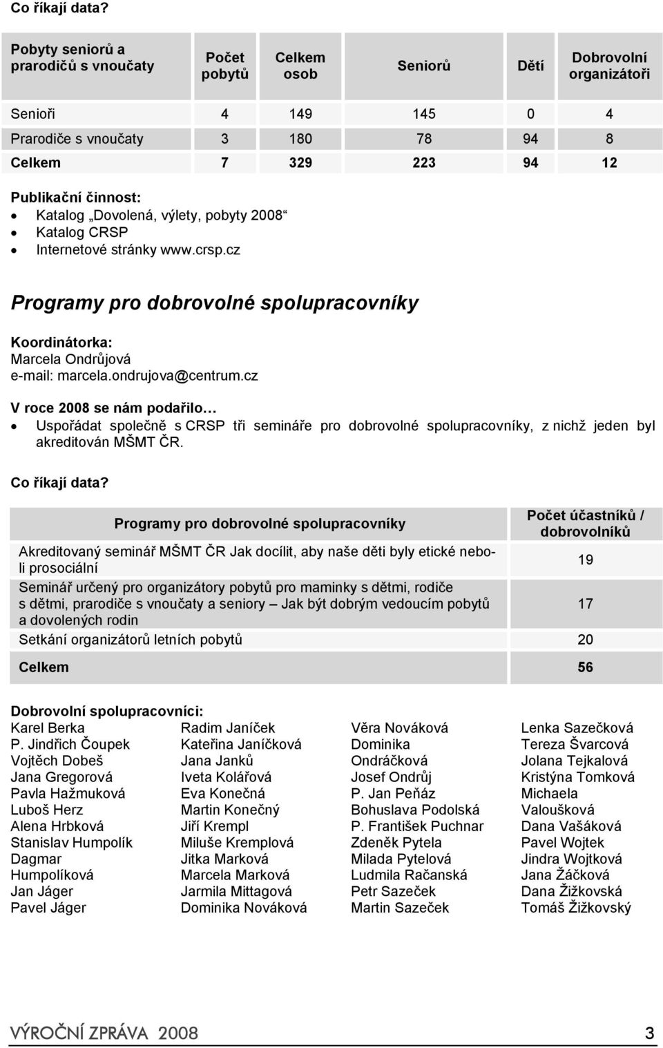 Katalog Dovolená, výlety, pobyty 2008 Katalog CRSP Internetové stránky www.crsp.cz Programy pro dobrovolné spolupracovníky Koordinátorka: Marcela Ondrůjová e-mail: marcela.ondrujova@centrum.