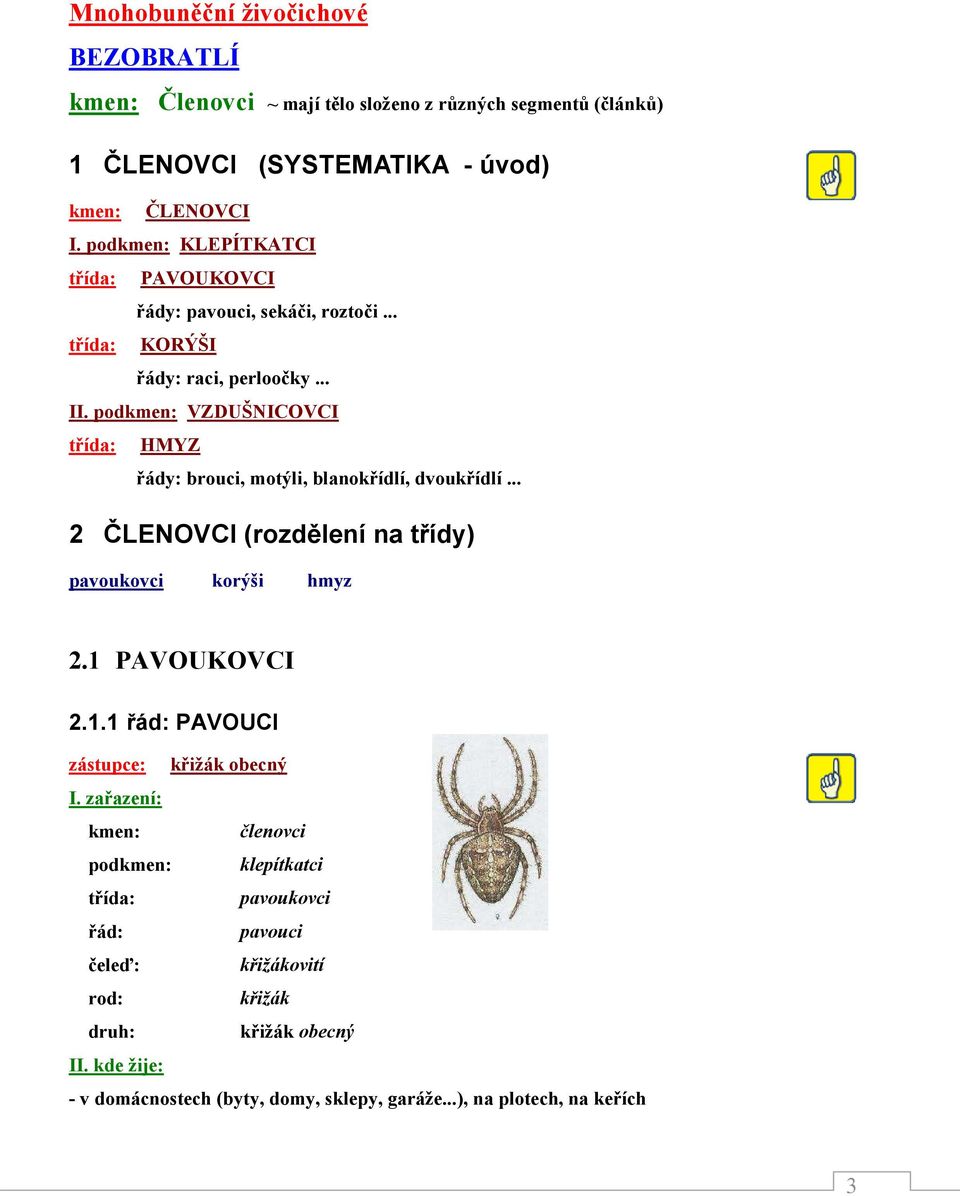 podkmen: VZDUŠNICOVCI třída: HMYZ řády: brouci, motýli, blanokřídlí, dvoukřídlí... 2 ČLENOVCI (rozdělení na třídy) pavoukovci korýši hmyz 2.1 