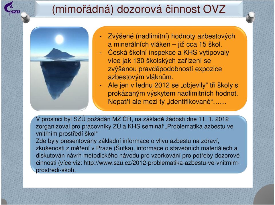 - Ale jen v lednu 2012 se objevily tři školy s prokázaným výskytem nadlimitních hodnot. Nepatří ale mezi ty identifikované V prosinci byl SZÚ požádán MZ ČR, na základě žádosti dne 11