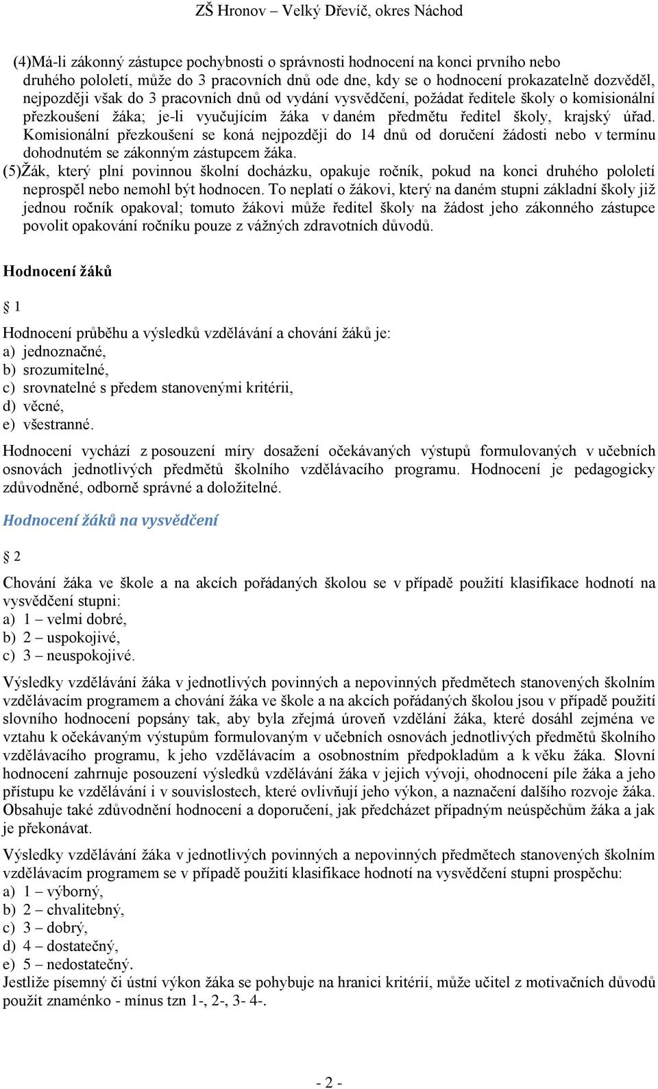 Komisionální přezkoušení se koná nejpozději do 14 dnů od doručení žádosti nebo v termínu dohodnutém se zákonným zástupcem žáka.