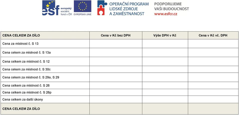 S 13a Cena celkem za místnost č. S 12 Cena cekem za místnost č.