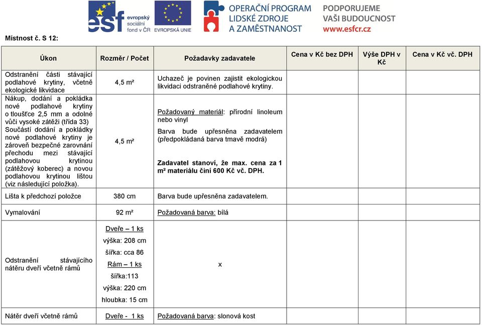 a pokládky nové podlahové krytiny je zároveň bezpečné zarovnání přechodu mezi stávající podlahovou krytinou (zátěžový koberec) a novou podlahovou krytinou lištou (viz následující položka).