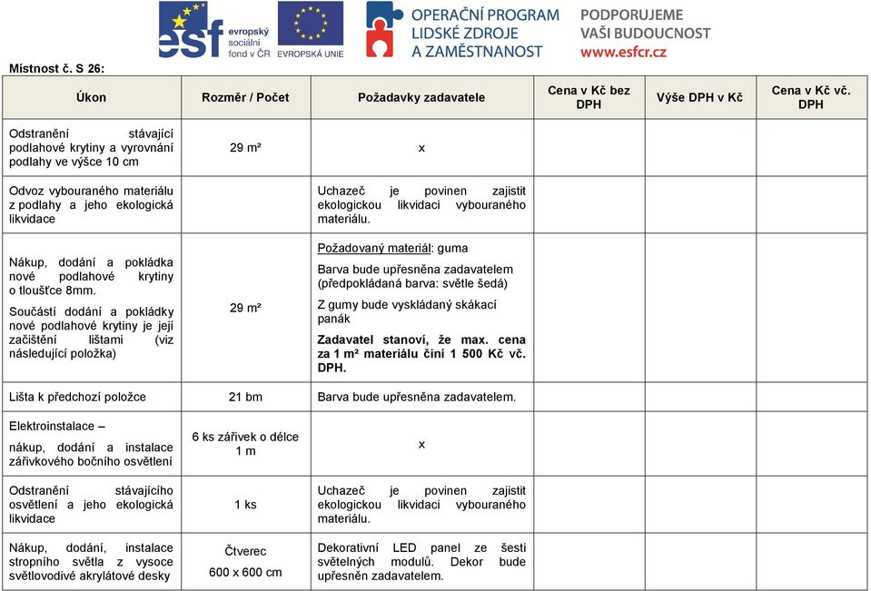 vybouraného materiálu. Nákup, dodání a pokládka nové podlahové krytiny o tloušťce 8mm.