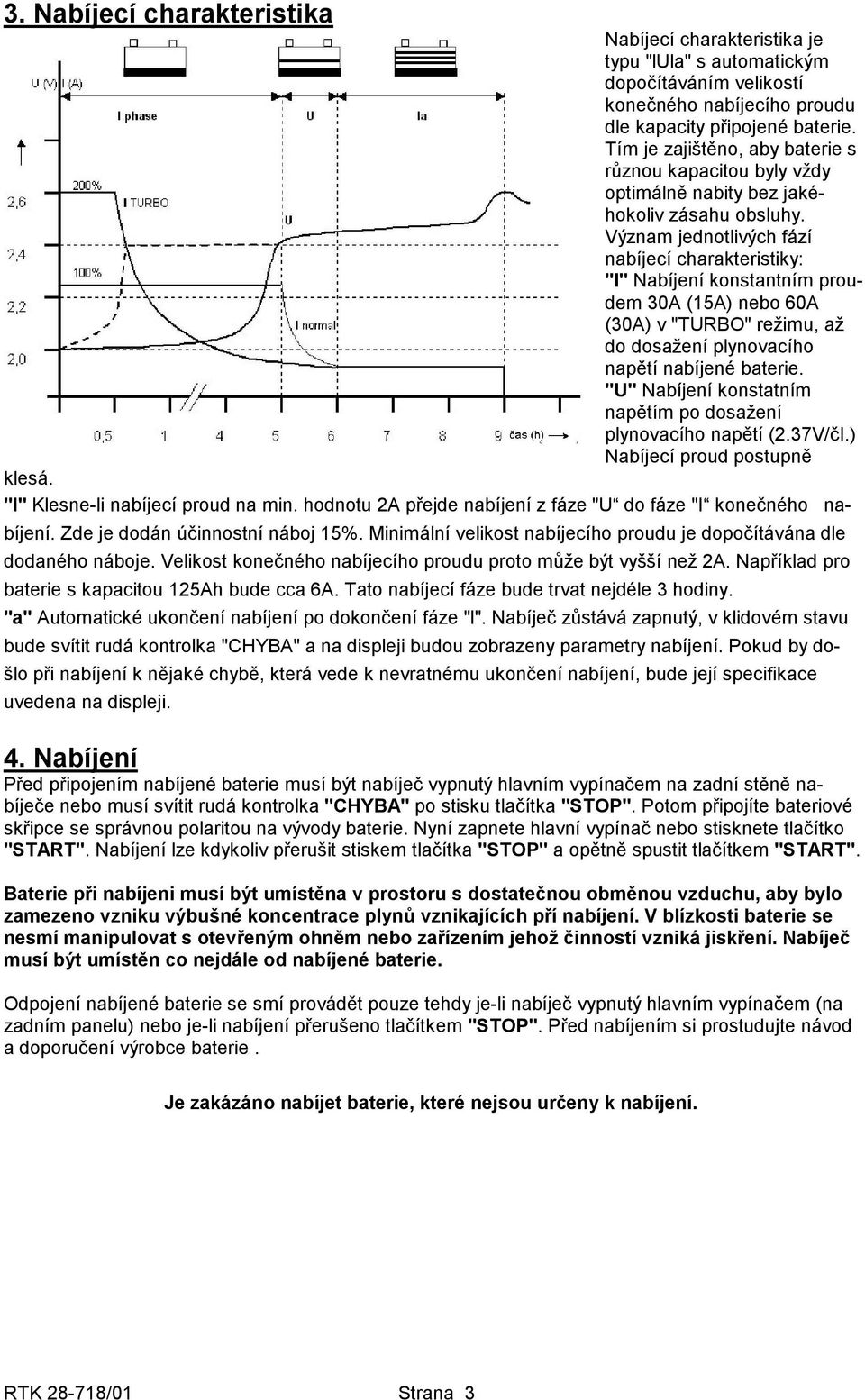Význam jednotlivých fází nabíjecí charakteristiky: "l" Nabíjení konstantním proudem 30A (15A) nebo 60A (30A) v "TURBO" režimu, až do dosažení plynovacího napětí nabíjené baterie.