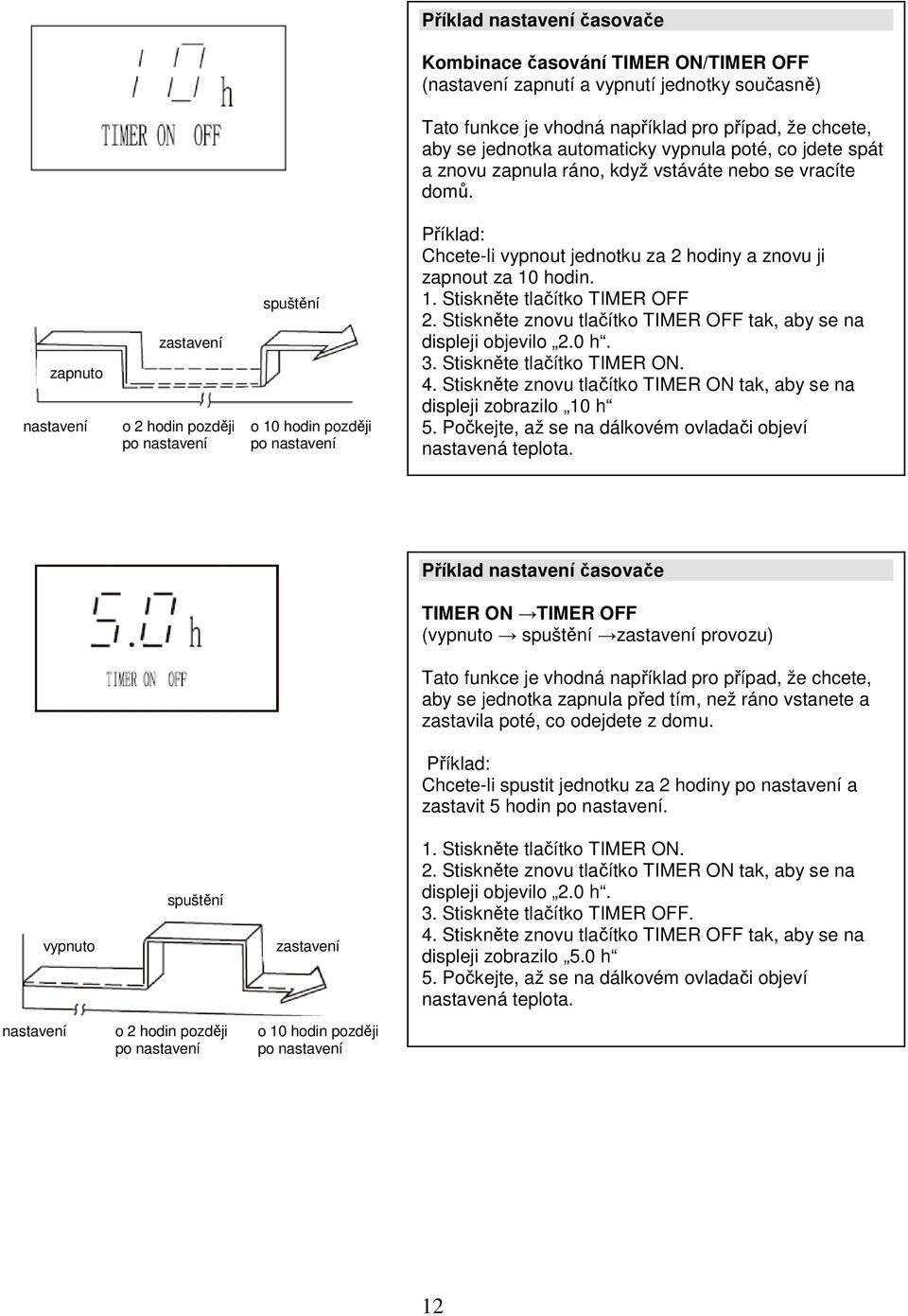 zapnuto nastavení zastavení o 2 hodin později po nastavení spuštění o 10 hodin později po nastavení Příklad: Chcete-li vypnout jednotku za 2 hodiny a znovu ji zapnout za 10 hodin. 1. Stiskněte tlačítko TIMER OFF 2.