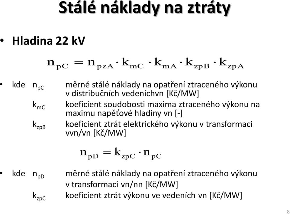 hladiy v [-] zpb oeficiet ztrát eletricého výou v trasformaci vv/v [Kč/MW] de pd měré stálé álady a