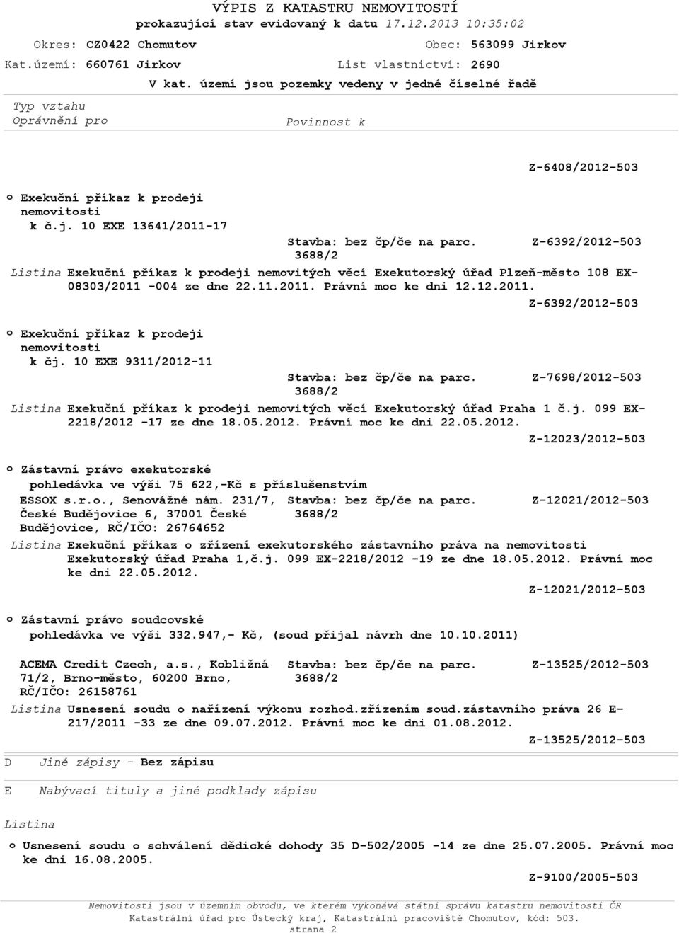 Z-6392/2012-503 3688/2 Listina Exekuční příkaz k prdeji nemvitých věcí Exekutrský úřad Plzeň-měst 108 EX- 08303/2011-004 ze dne 22.11.2011. Právní mc ke dni 12.12.2011. Z-6392/2012-503 Exekuční příkaz k prdeji nemvitsti k čj.