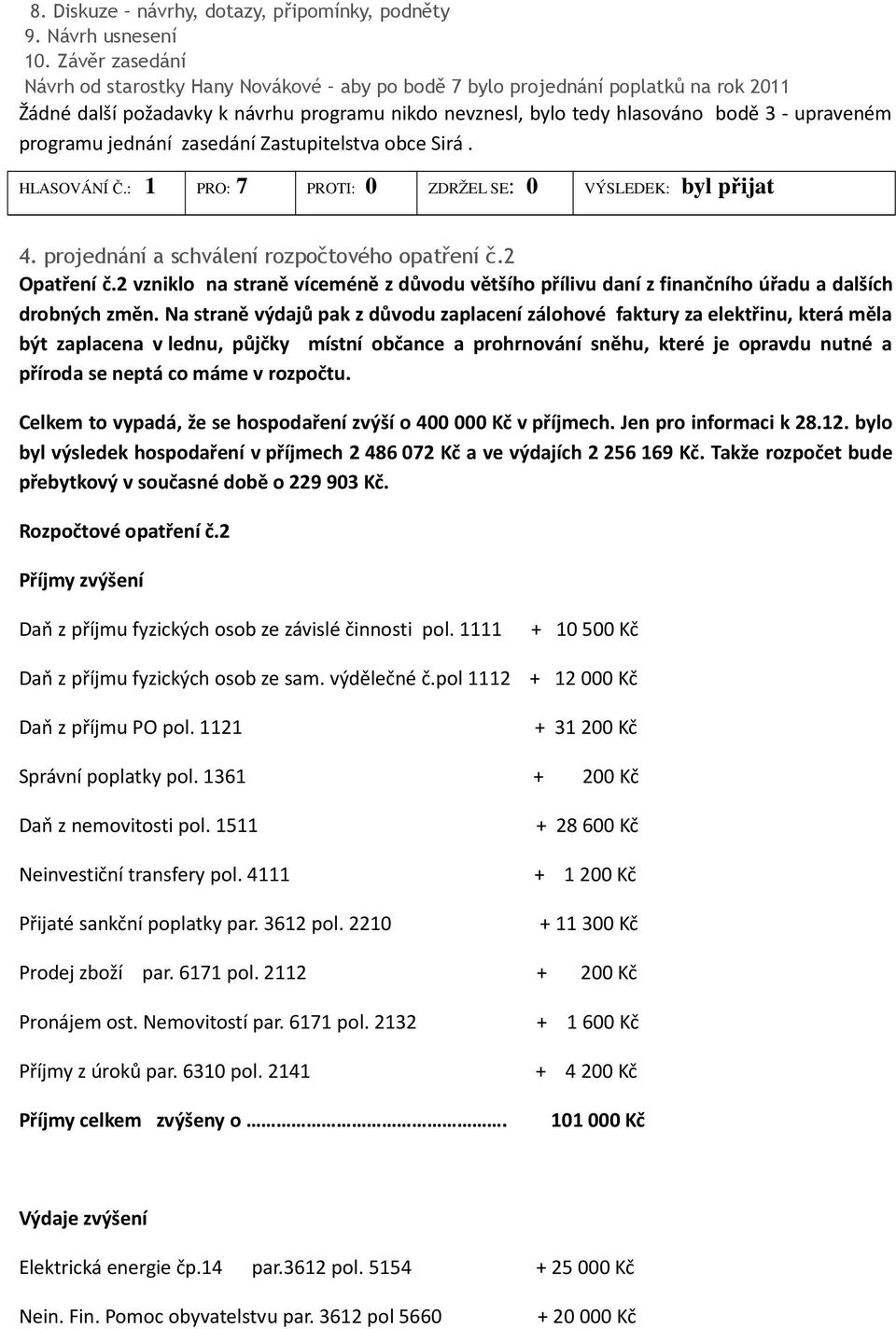 programu jednání zasedání Zastupitelstva obce Sirá. HLASOVÁNÍ Č.: 1 PRO: 7 PROTI: 0 ZDRŽEL SE: 0 VÝSLEDEK: byl přijat 4. projednání a schválení rozpočtového opatření č.2 Opatření č.