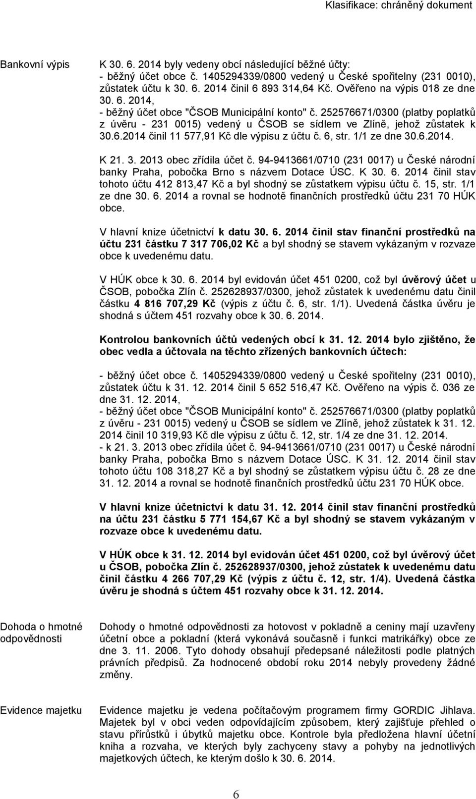 6, str. 1/1 ze dne 30.6.2014. K 21. 3. 2013 obec zřídila účet č. 94-9413661/0710 (231 0017) u České národní banky Praha, pobočka Brno s názvem Dotace ÚSC. K 30. 6.