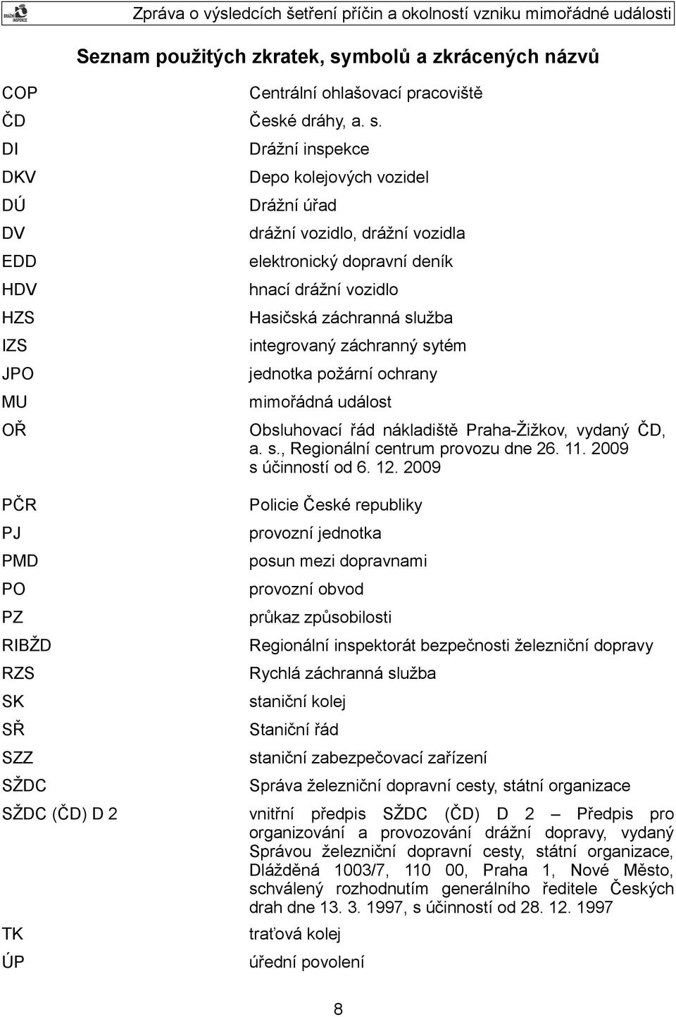 DI DKV DÚ DV EDD HDV HZS IZS JPO MU OŘ Drážní inspekce Depo kolejových vozidel Drážní úřad drážní vozidlo, drážní vozidla elektronický dopravní deník hnací drážní vozidlo Hasičská záchranná služba