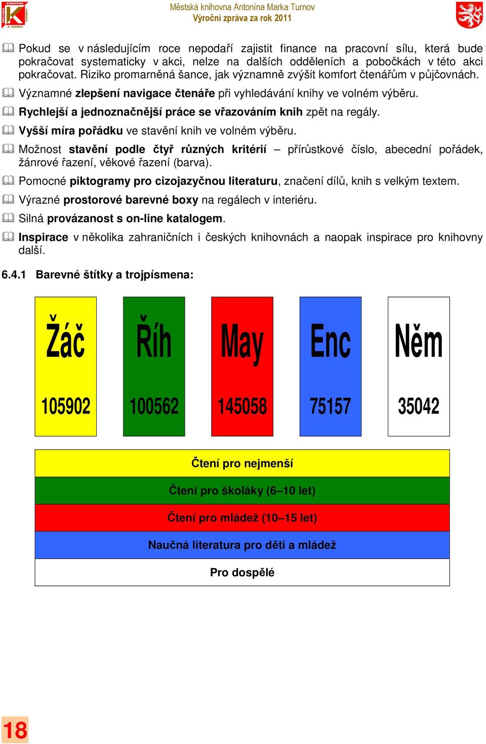 Rychlejší a jednoznačnější práce se vřazováním knih zpět na regály. Vyšší míra pořádku ve stavění knih ve volném výběru.